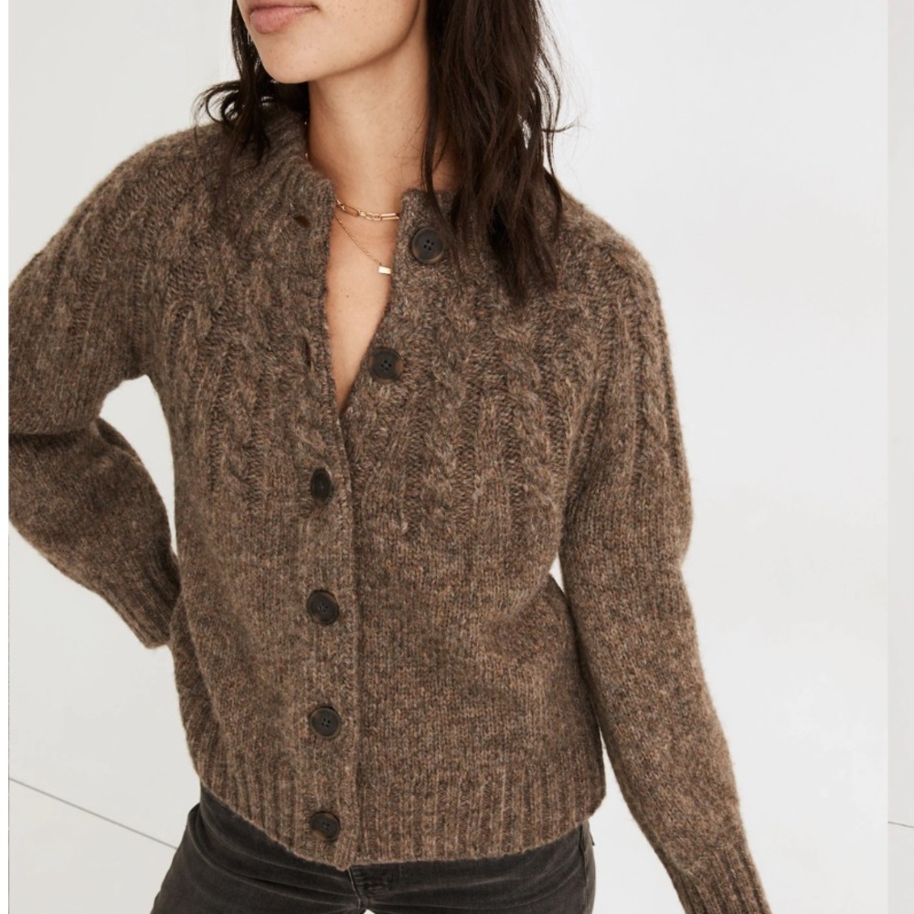 Madewell Harwood Cableknit Mockneck Cardigan Sweater in Heather Otter Sz Small - Picture 2 of 16